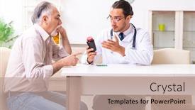  Presentation with old young - Colorful slide set enhanced with young-male-doctor-visiting-old backdrop and a coral colored foreground