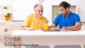  Presentation with old young - Presentation design enhanced with young-male-doctor-visiting-old background and a soft green colored foreground