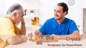  Presentation with old young - Amazing presentation theme having young-male-doctor-visiting-old backdrop and a coral colored foreground