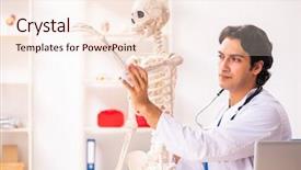  Presentation with skeleton - Slides with skelethon healthcare - young male doctor with skeleton background and a lemonade colored foreground