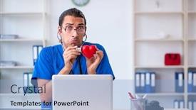  Presentation with working in a clinic - Amazing presentation theme having young-male-doctor-working backdrop and a light blue colored foreground