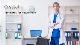  Presentation with clinic - Colorful PPT theme enhanced with young-male-doctor-working backdrop and a white colored foreground