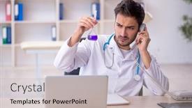  Presentation with clinic - Slide set with young-male-doctor-working background and a light gray colored foreground