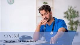  Presentation with clinic - PPT theme featuring young-male-doctor-working background and a light blue colored foreground