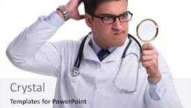  Presentation with looking glass - Amazing PPT layouts having young-male-doctor backdrop and a light blue colored foreground