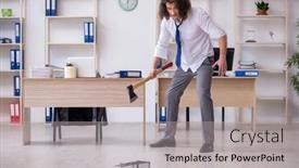  Presentation with employee - Cool new PPT theme with young-male-employee-and-mousetrap backdrop and a light gray colored foreground