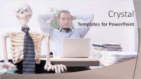  Presentation with skeleton - PPT theme having young-male-employee-and-skeleton background and a sky blue colored foreground