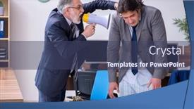  Presentation with employee of the month - Cool new PPT theme with young-male-employee-being-late backdrop and a ocean colored foreground