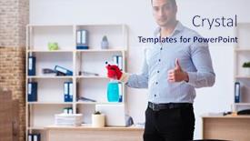  Presentation with office cleaning - Theme featuring young-male-employee-cleaning-office background and a sky blue colored foreground