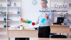  Presentation with office cleaning - Slides enhanced with young-male-employee-cleaning-office background and a sky blue colored foreground