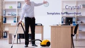  Presentation with office cleaning - Amazing PPT layouts having young-male-employee-cleaning-office backdrop and a sky blue colored foreground