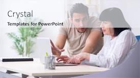  Presentation with old young - Colorful presentation theme enhanced with young male employee explaining to old female colleague how to us backdrop and a sky blue colored foreground