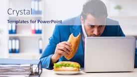  Presentation with breakfast - Beautiful PPT theme featuring young-male-employee-having-breakfast backdrop and a sky blue colored foreground