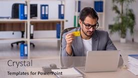  Presentation with credit card - Presentation theme enhanced with young-male-employee-holding-credit background and a mint green colored foreground