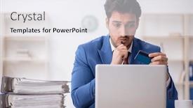  Presentation with credit card - Slide set having young-male-employee-holding-credit background and a sky blue colored foreground