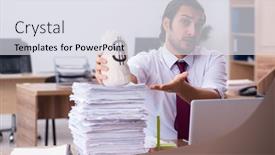  Presentation with employee - Theme having young-male-employee-holding-moneybag background and a sky blue colored foreground