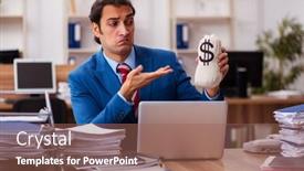  Presentation with employee - Cool new presentation theme with young-male-employee-holding-moneybag backdrop and a violet colored foreground