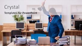  Presentation with employee - Presentation design with young-male-employee-holding-plunger background and a white colored foreground