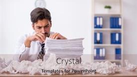  Presentation with employee - Slide deck having young-male-employee-in-brainstorming background and a coral colored foreground