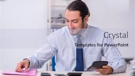  Presentation with budget - PPT theme having young-male-employee-in-budget background and a light blue colored foreground