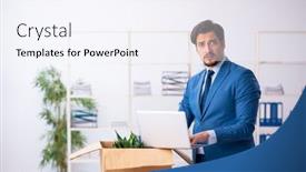  Presentation with employee - PPT layouts with young-male-employee-in-business background and a sky blue colored foreground