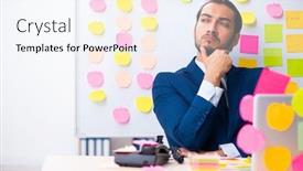  Presentation with employee - Cool new presentation theme with young-male-employee-in-conflicting backdrop and a sky blue colored foreground