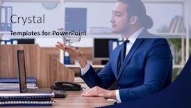  Presentation with employee - Cool new slides with young-male-employee-in-e backdrop and a light blue colored foreground