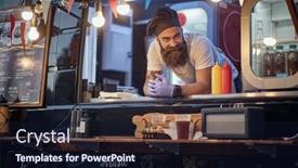  Presentation with food service - Audience pleasing theme consisting of young-male-employee-in-fast backdrop and a wine colored foreground