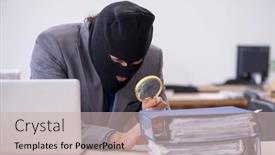  Presentation with espionage - PPT theme consisting of young-male-employee-in-industrial background and a soft green colored foreground