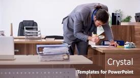  Presentation with espionage - PPT theme having young-male-employee-in-industrial background and a tawny brown colored foreground