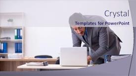  Presentation with espionage - Beautiful presentation design featuring young-male-employee-in-industrial backdrop and a sky blue colored foreground