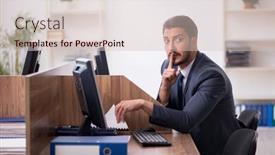  Presentation with industrial espionage - Slide set enhanced with young-male-employee-in-industrial background and a soft green colored foreground