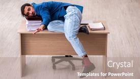  Presentation with employee - Slide deck featuring young-male-employee-in-oversleeping background and a coral colored foreground