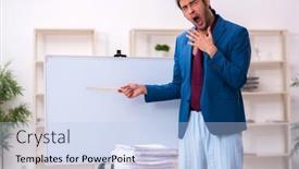  Presentation with employee - PPT theme enhanced with young-male-employee-in-oversleeping background and a light blue colored foreground