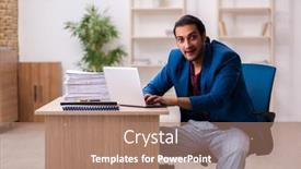  Presentation with employee - Beautiful presentation theme featuring young-male-employee-in-oversleeping backdrop and a coral colored foreground