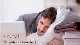  Presentation with employee - PPT layouts consisting of young-male-employee-in-oversleeping background and a coral colored foreground