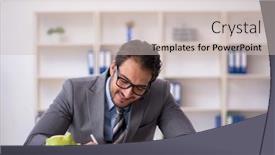  Presentation with employee retirement - Presentation theme enhanced with young-male-employee-in-planning background and a  colored foreground