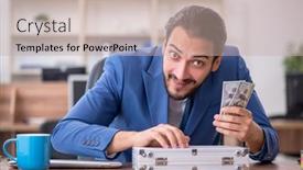  Presentation with employee - Slide set consisting of young-male-employee-in-remuneration background and a mint green colored foreground