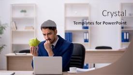  Presentation with employee retirement - Presentation design consisting of young-male-employee-in-retirement background and a light gray colored foreground