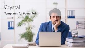  Presentation with employee retirement - PPT theme with young-male-employee-in-retirement background and a sky blue colored foreground