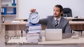  Presentation with management - Presentation design featuring young-male-employee-in-time background and a coral colored foreground