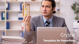  Presentation with time management - PPT layouts with young-male-employee-in-time background and a coral colored foreground