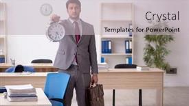  Presentation with time management - PPT theme enhanced with young-male-employee-in-time background and a light gray colored foreground