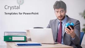  Presentation with time management - PPT theme enhanced with young-male-employee-in-time background and a white colored foreground