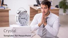 Presentation with time management - PPT layouts having young-male-employee-in-time background and a light gray colored foreground