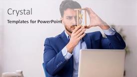  Presentation with time management - PPT theme having young-male-employee-in-time background and a sky blue colored foreground