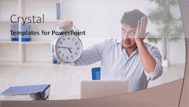  Presentation with time management - PPT layouts featuring young-male-employee-in-time background and a light gray colored foreground