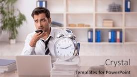  Presentation with time management - Presentation theme with young-male-employee-in-time background and a mint green colored foreground