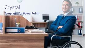  Presentation with wheel - PPT theme having young male employee in wheel-chair background and a sky blue colored foreground