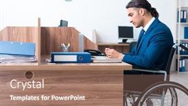  Presentation with business diversity wheel chair - Colorful PPT layouts enhanced with young-male-employee-in-wheel backdrop and a coral colored foreground